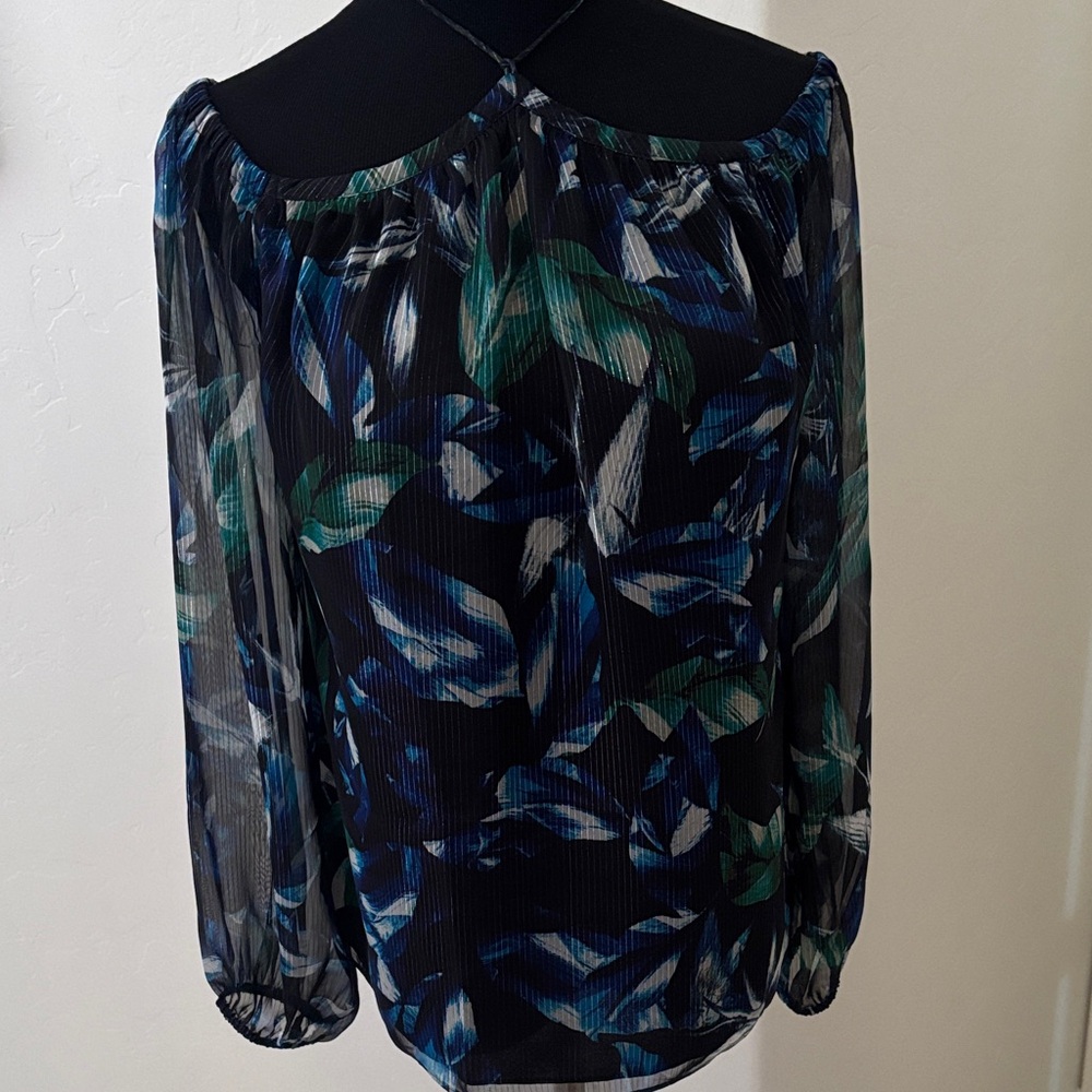 White House Black Market Blue and Green Leaf Print Blouse